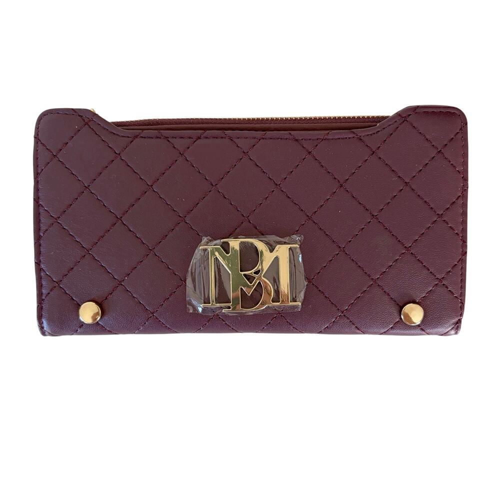 Badgley Mischka Long Card Wallet Quilted Plum Gold BM Logo‎ NWT Old Money Glam